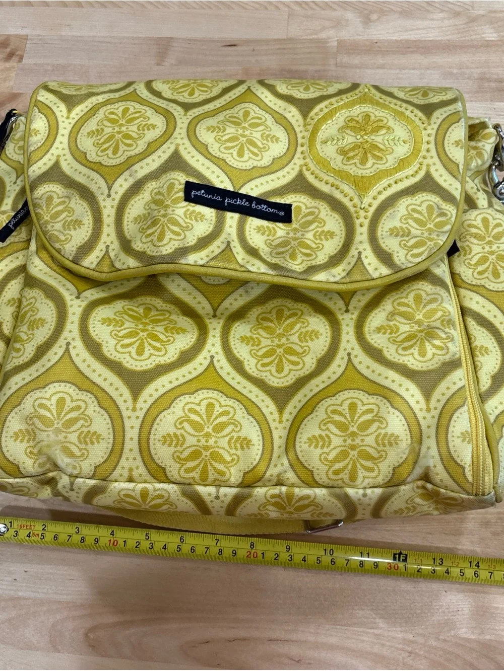 Petunia Pickle Bottom Geometric Shoulder Diaper Bag Yellow/Tan w Pad, Pouch